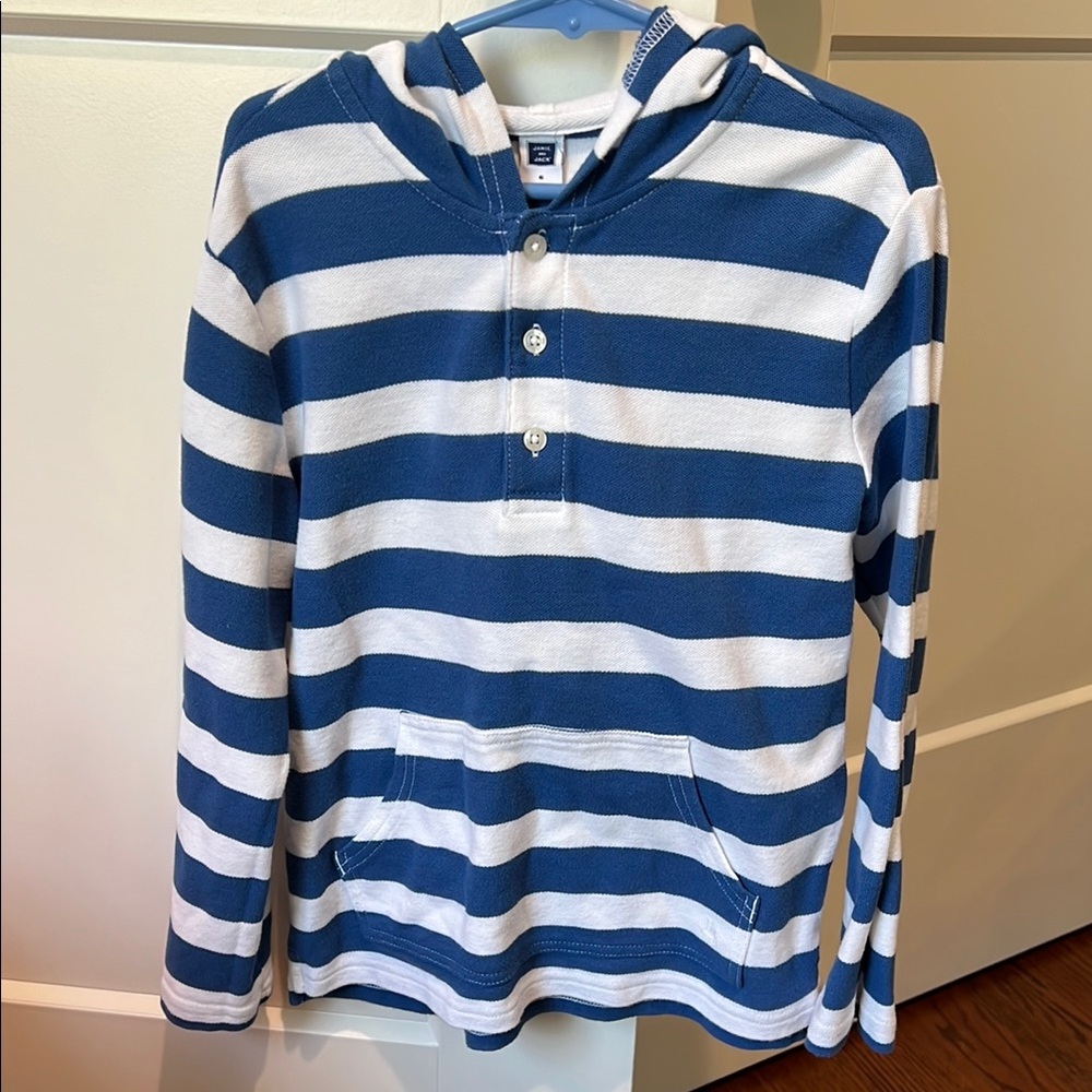 Janie and Jack long sleeve blue and white striped shirt with a hood